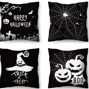Halloween Pillow Covers 18x18 4PCS Pumpkin Witch Hat Linen Throw Pillow